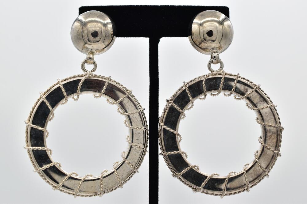 Vintage Chunky Dangle Clip On Earrings Silver Tone Heavy Oversized 1980s BinBF
